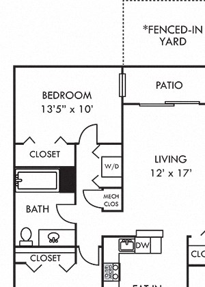 The Hemlock with Fenced-in Yard The Hemlock with Fenced-in Yard. 2 bedroom apartment. Kitchen with bartop open to living/dinning room. 1 full bathroom. large closets. Patio/balcony open to yard